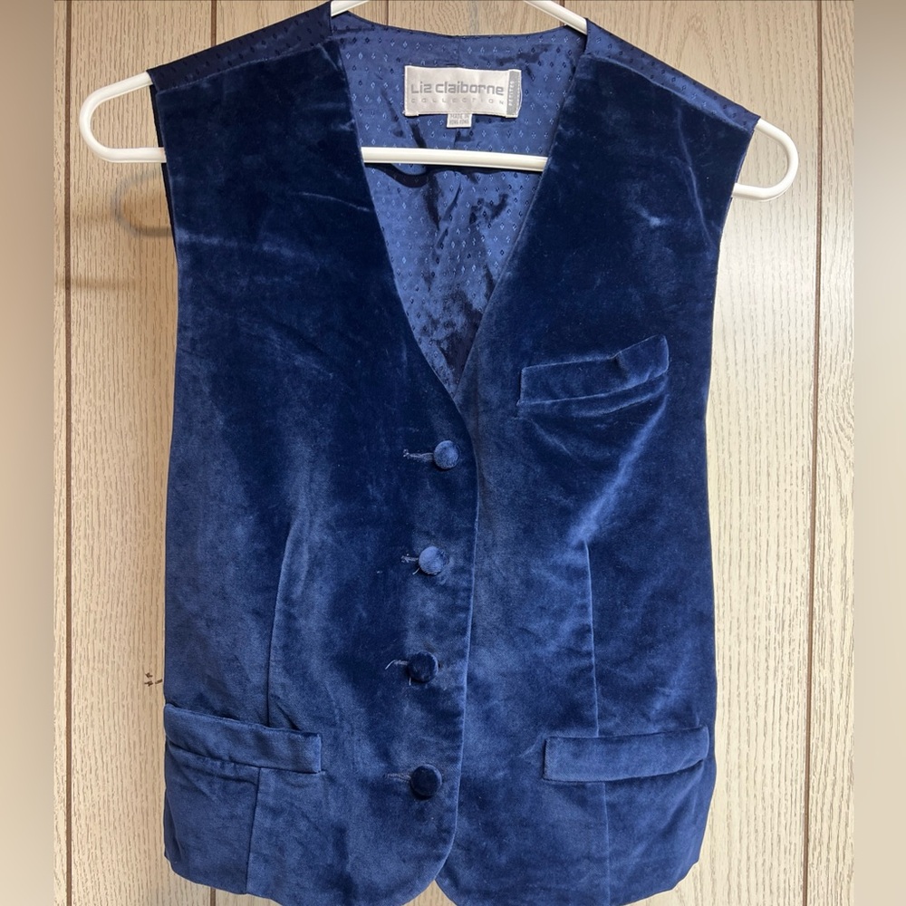 Vintage Liz Claiborne Collection Women’s Blue Velour Vest Button Up 8 Petite